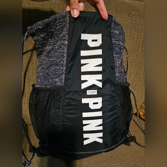 Victoria's Secret Pink Drawstring Backpack in Black Nylon EUC - Picture 6 of 7